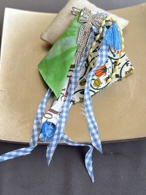 Mixed Fabric Blue Tassel & Rhinestone Brooch Pin